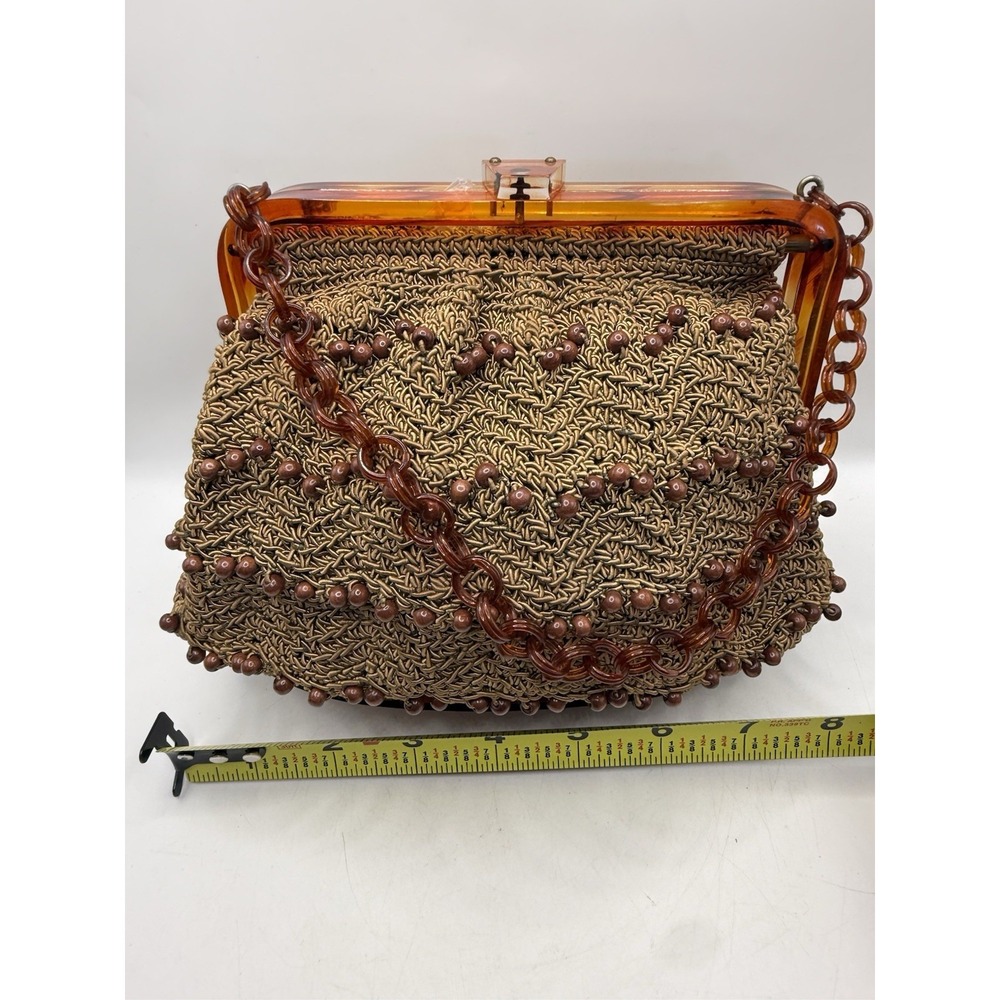 Vtg Oval Box Purse Beaded Handbag With Tortoise Lucite/Bakelite? Early Plastic - Picture 8 of 10